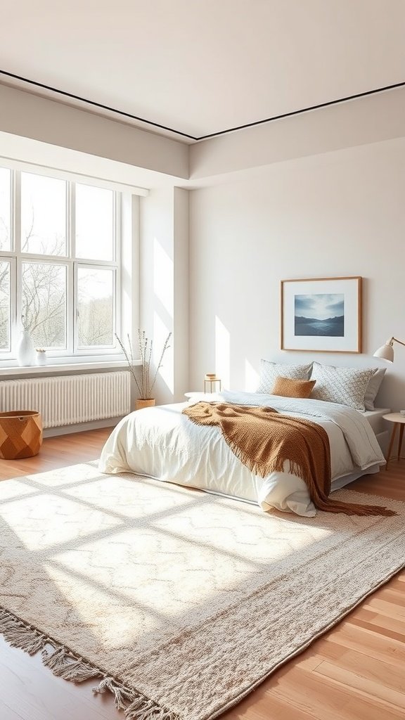 A modern minimalist bedroom featuring a jute rug and light color palette