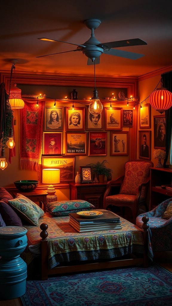 Cozy 1970s Boho style bedroom with warm mood lighting, vintage decor, and colorful cushions.