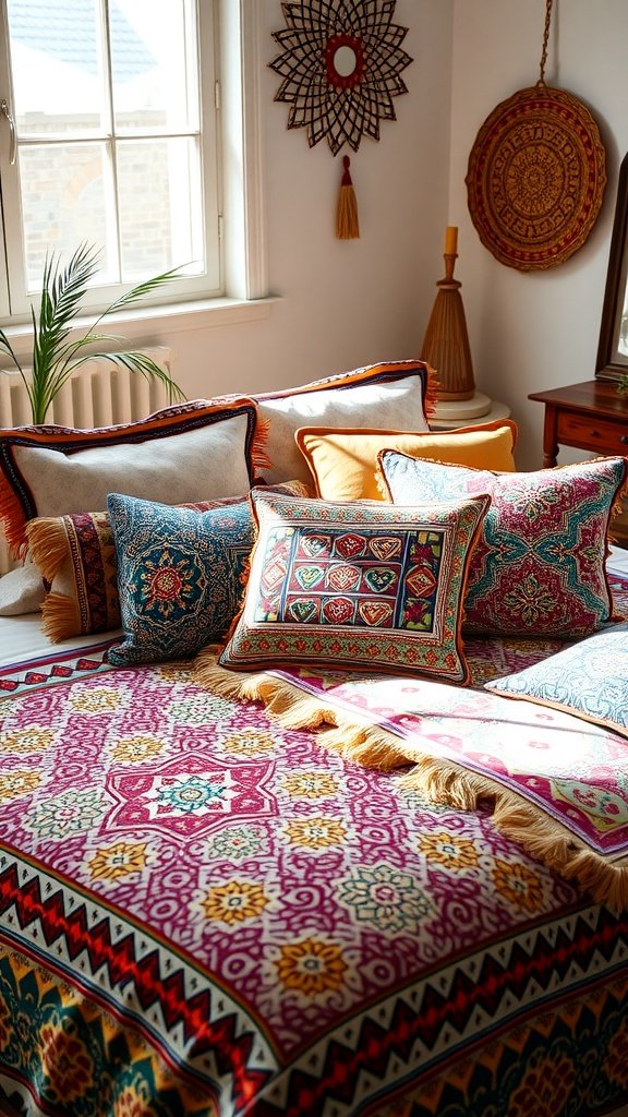 A beautifully decorated bed with Moroccan-inspired bedding, featuring vibrant patterns and an assortment of pillows.