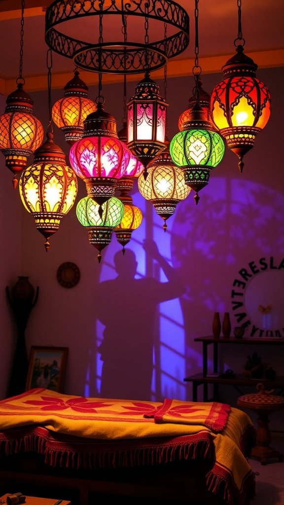 A collection of colorful Moroccan lanterns hanging from a ceiling, casting beautiful shadows in a cozy room.