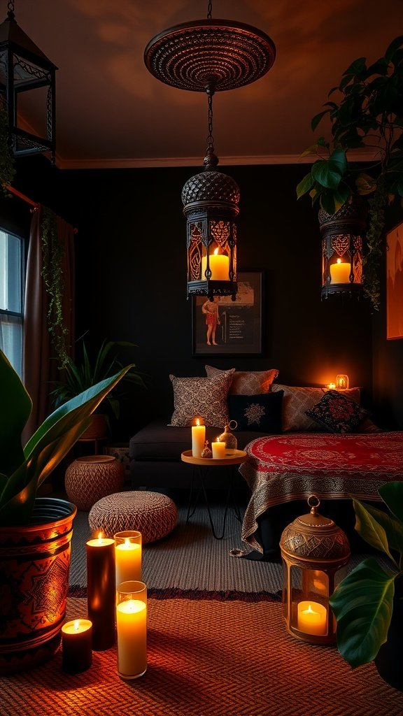 A cozy bedroom with dark walls, warm lighting from lanterns and candles, and Bohemian-style decor.