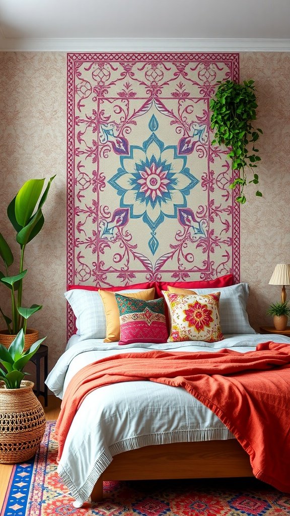 A cozy bedroom featuring Moroccan stencil art on the wall with colorful pillows and plants