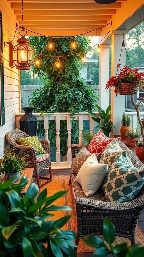 A cozy back porch with wicker seating and colorful mudcloth pillows, surrounded by plants and warm lighting.