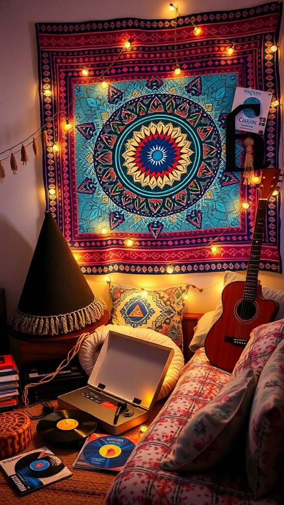 A cozy bohemian teenager's bedroom featuring a colorful tapestry, string lights, a vintage record player, vinyl records, and an acoustic guitar.