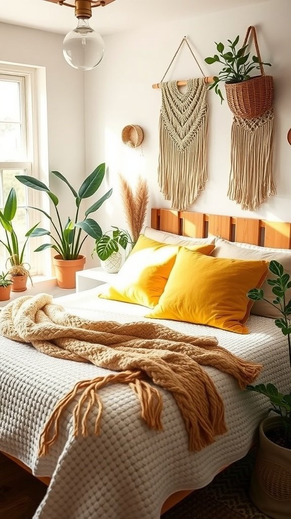 A Boho bedroom featuring mustard accent pillows and a knitted blanket, surrounded by greenery and macramé wall hangings.