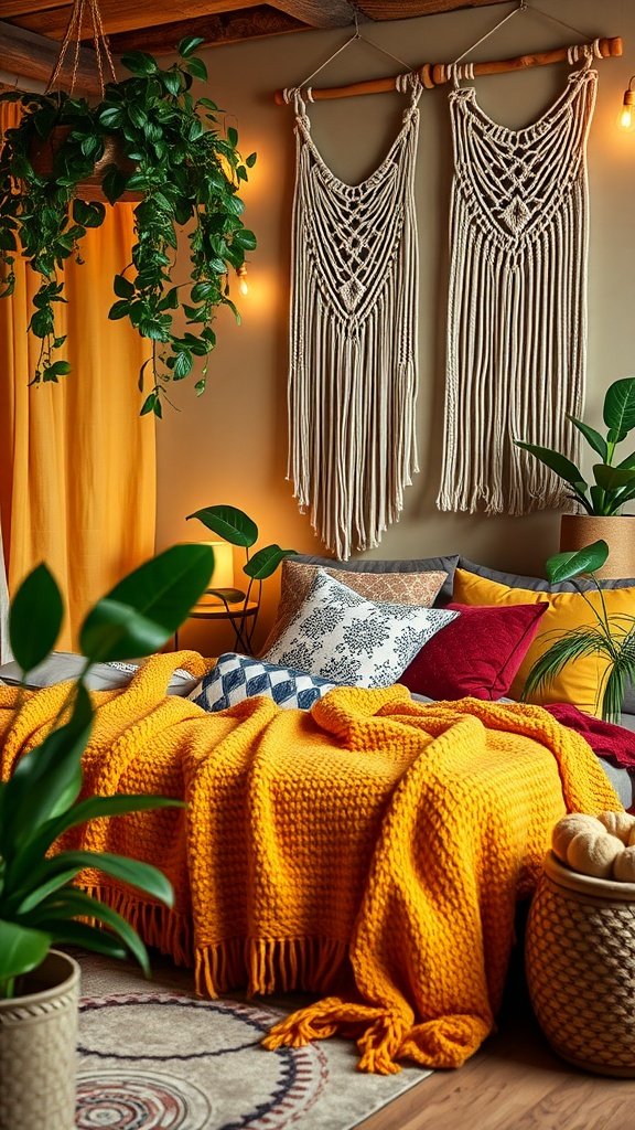 A cozy bedroom featuring a mustard blanket, burgundy pillows, macramé wall hangings, and indoor plants.