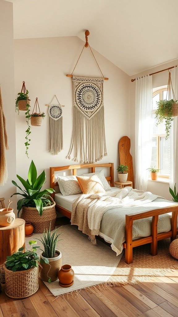 A stylish bohemian bedroom with wooden furniture, plants, and macramé decor.