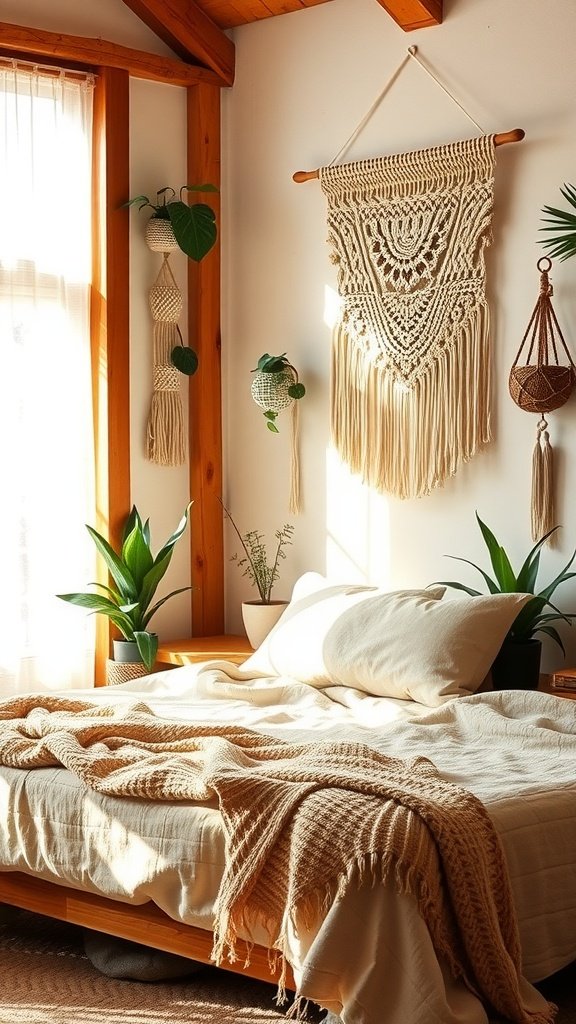 A cozy nature-inspired Boho bedroom with wooden beams, plants, and macramé decor.