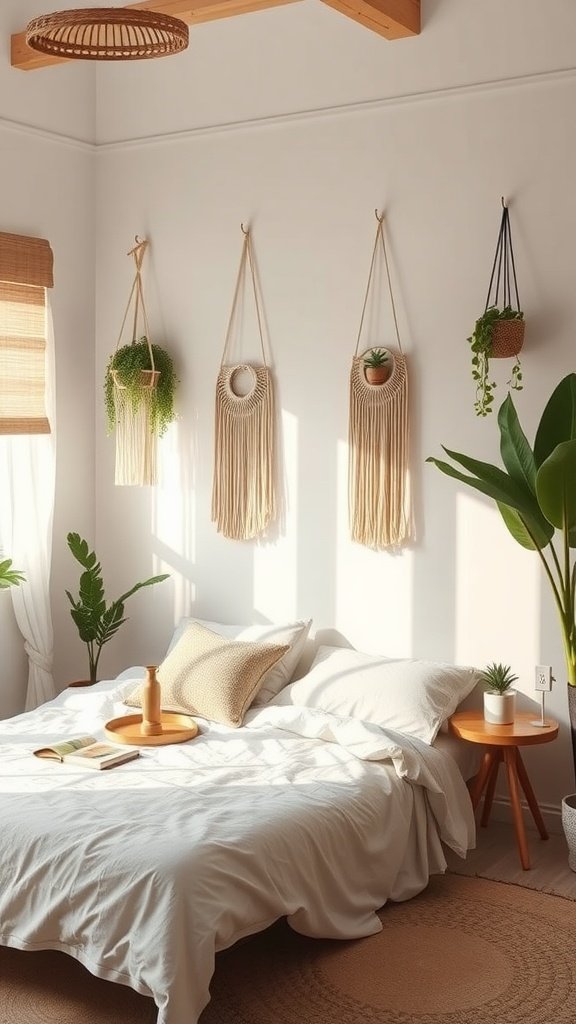 A minimalist boho bedroom featuring a cozy bed, natural fiber wall hangings, and indoor plants.