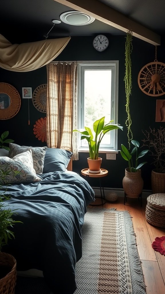 A cozy bedroom with dark walls, green plants, and bohemian decor.