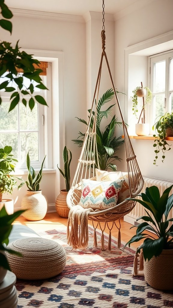 A cozy boho-inspired bedroom corner with a hanging chair and lush plants.