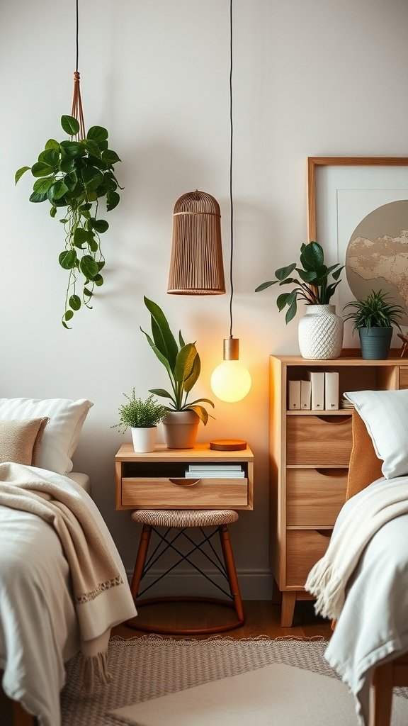 Minimalist bedroom with wooden night tables, plants, and soft lighting