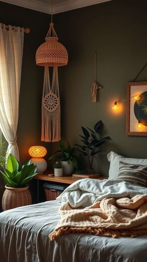 An olive tone boho bedroom featuring a cozy bed, plants, and warm lighting.