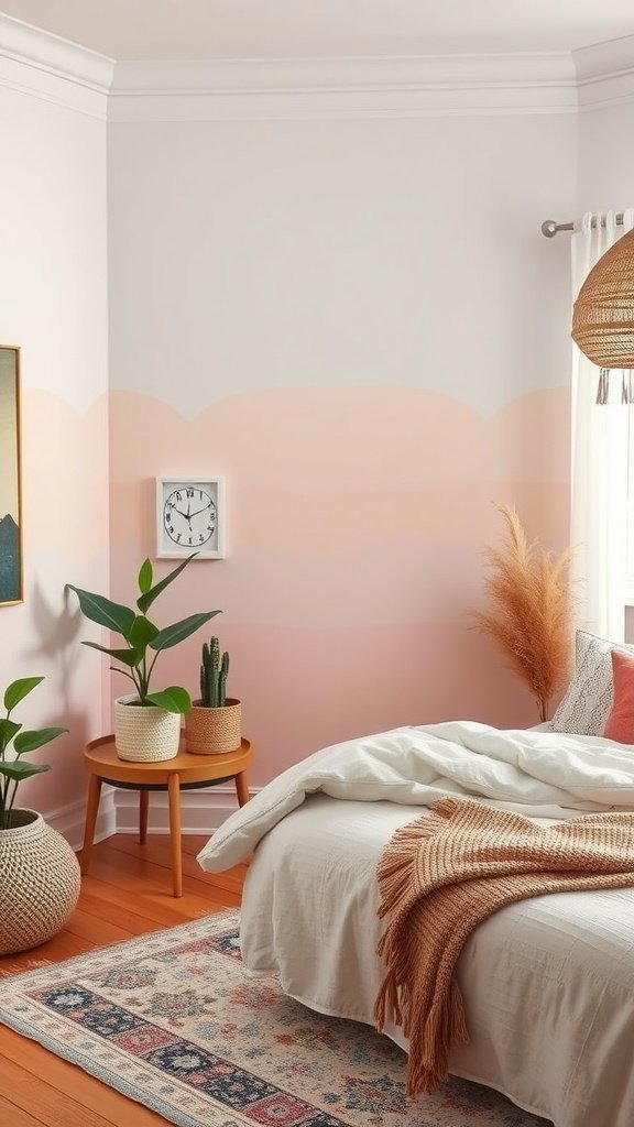 A cozy Boho bedroom featuring an ombre accent wall in soft pink shades, complemented by plants and natural textures.