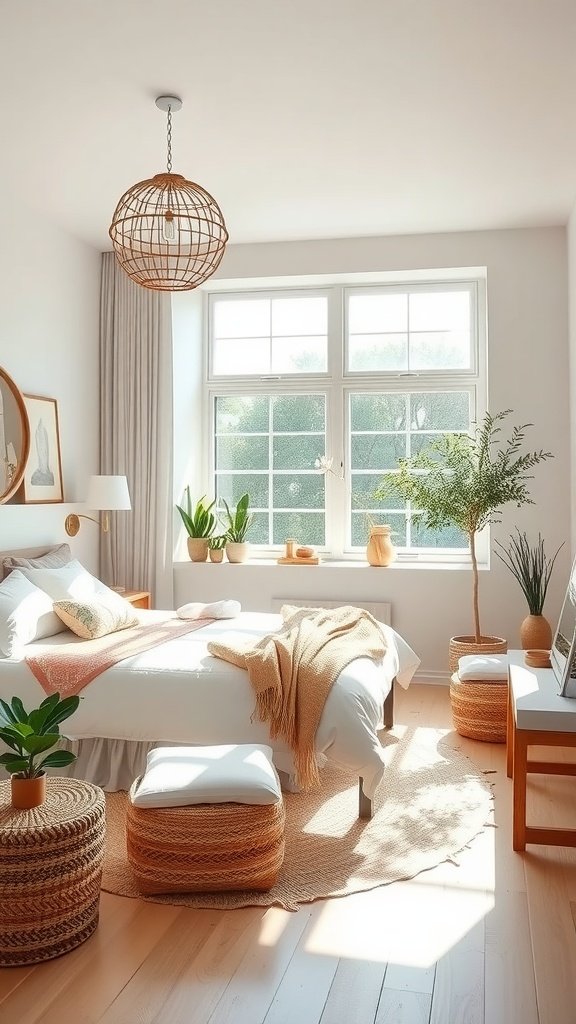 A bright and cozy minimalist bedroom with light colors, natural elements, and plants.