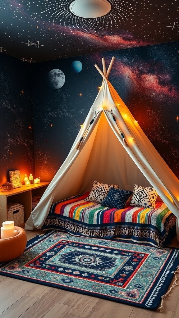 A cozy boho-themed kids bedroom with a tent, colorful blankets, and space-themed wall decor.