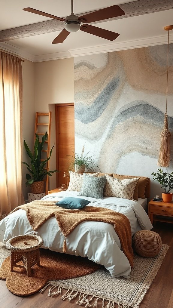 A cozy bedroom featuring an oversized abstract mural with earthy tones and a Boho decor style