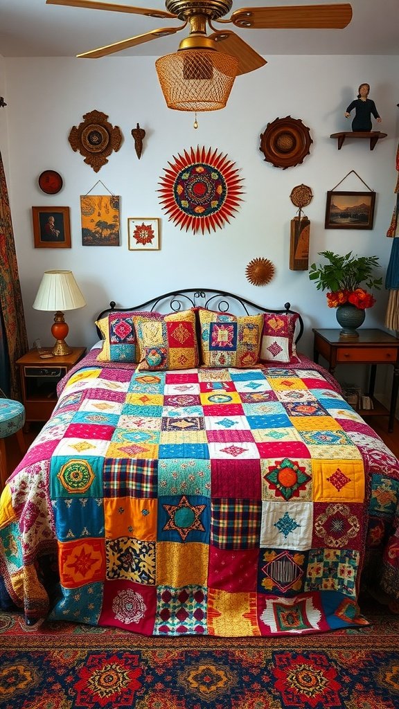 Colorful patchwork quilt on a bed with eclectic decor in a Boho style bedroom.