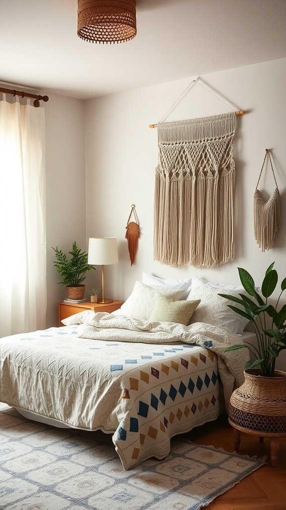 A peaceful bohemian-style teenager's bedroom featuring a bed with a patterned quilt, macramé wall hangings, and potted plants.