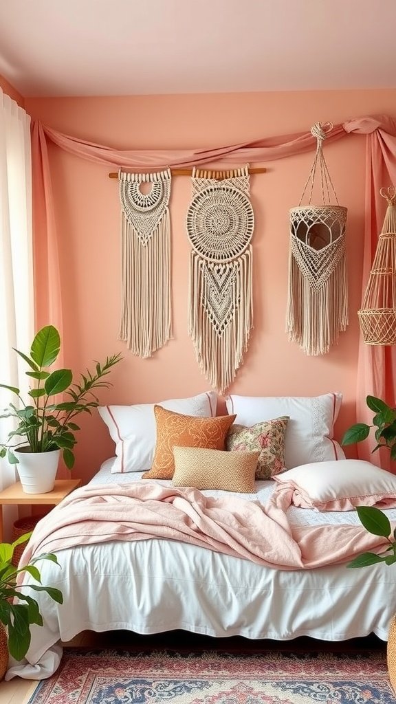 A cozy boho style bedroom with peach walls, macramé wall hangings, and plants.