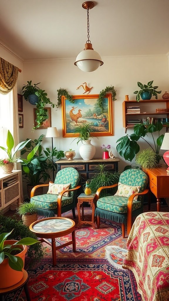 A cozy room featuring peacock chairs, plants, and colorful textiles, creating a vibrant boho style.