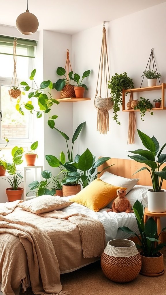 A modern boho bedroom featuring a bed with beige linens, surrounded by various hanging and potted plants, creating a vibrant and cozy atmosphere.