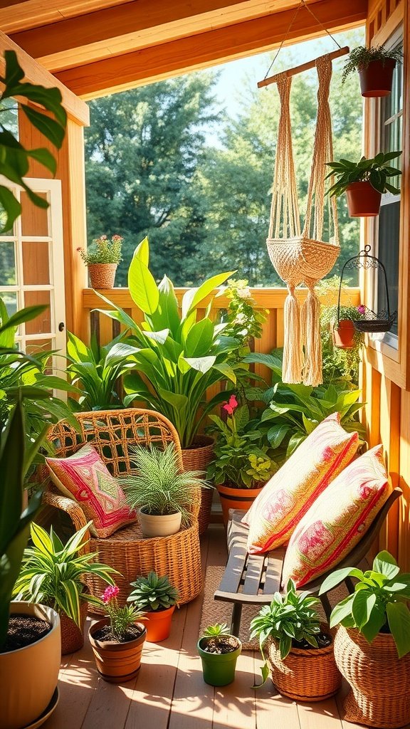 Cozy boho back porch with vibrant foliage and seating