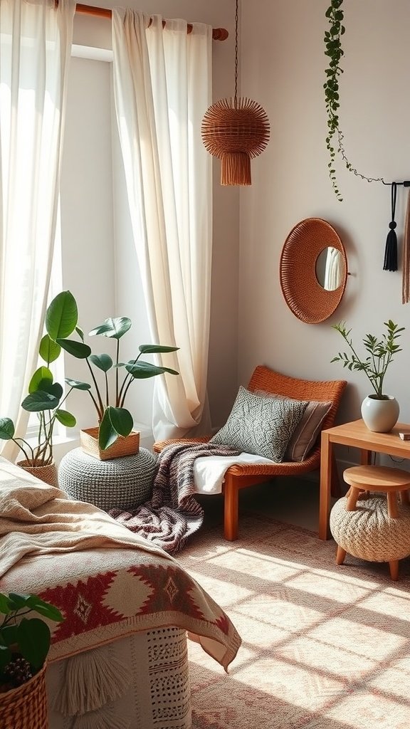 A cozy boho bedroom featuring layered textures, geometric patterns, and natural elements.