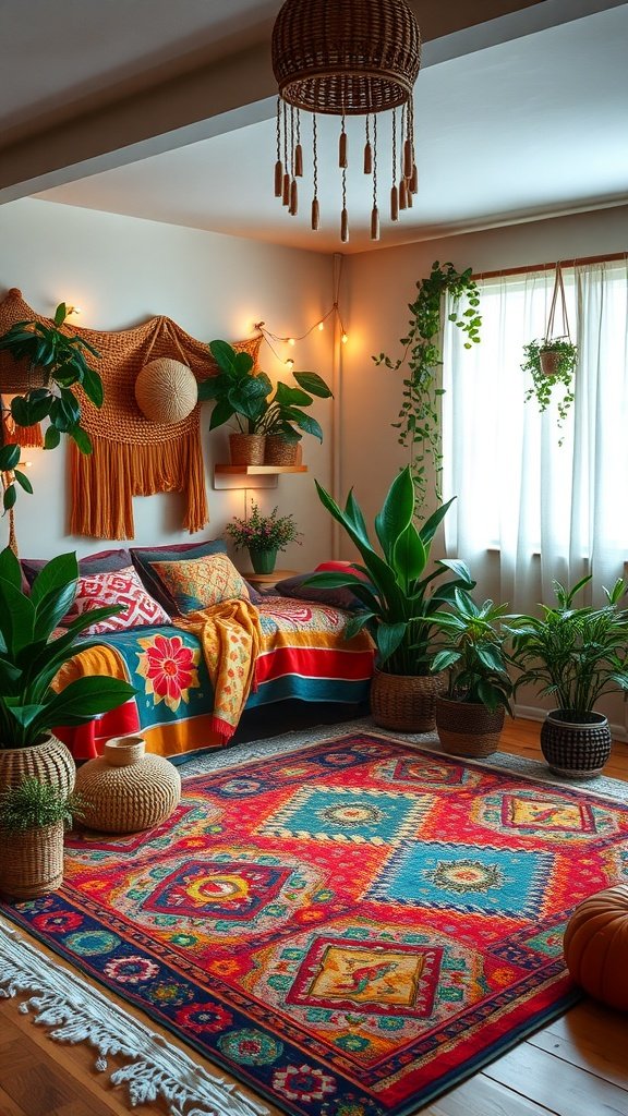 A vibrant Boho style bedroom with a colorful rug featuring playful patterns, plants, and a cozy bed.