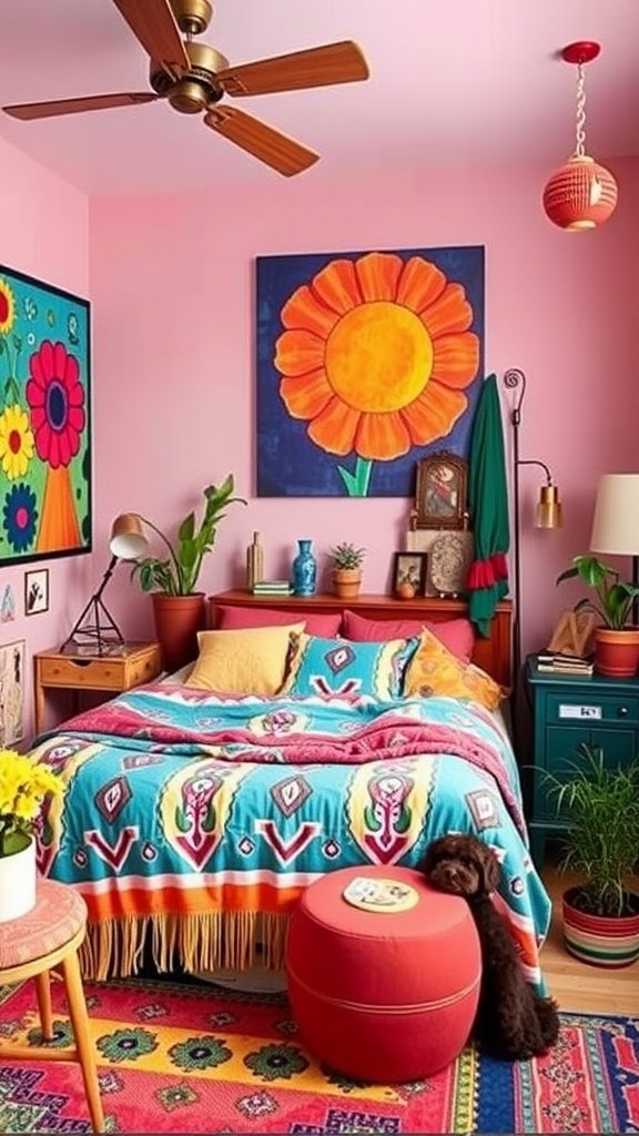 A vibrant 1970s Boho style bedroom with a pink wall, colorful artwork, a patterned blanket on the bed, and potted plants.