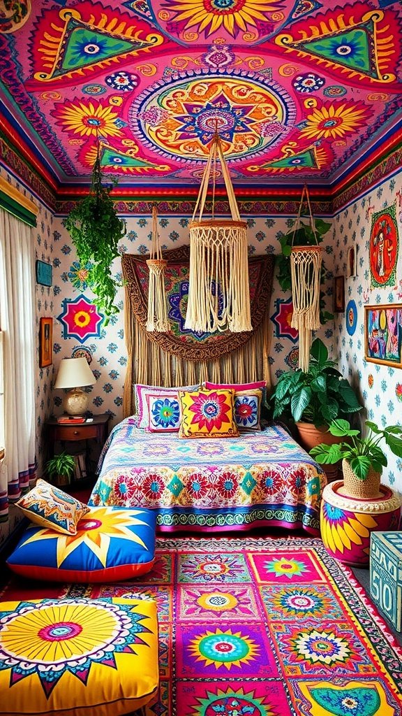 A colorful bedroom with psychedelic patterns, featuring vibrant ceiling art, lively wall motifs, and playful cushions.