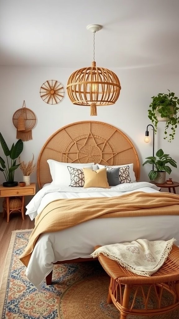 A Modern Boho Bedroom featuring a rattan bedfitting, soft bedding, and natural decor.