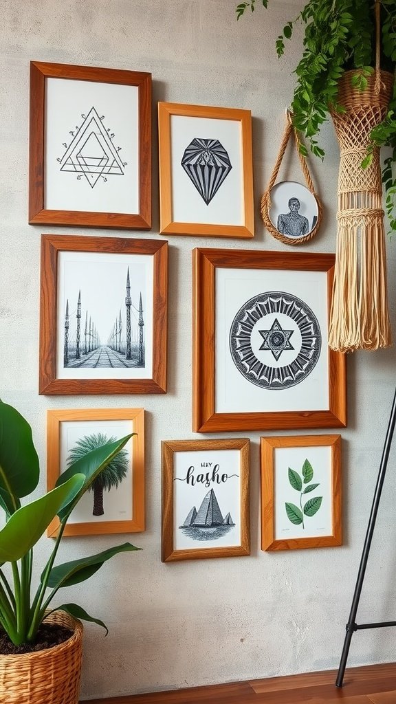 A collection of reclaimed wood picture frames displaying various prints on a wall.