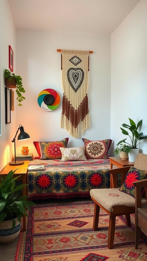 Cozy retro Boho style bedroom with macramé wall hanging, vibrant bedspread, and green plants.