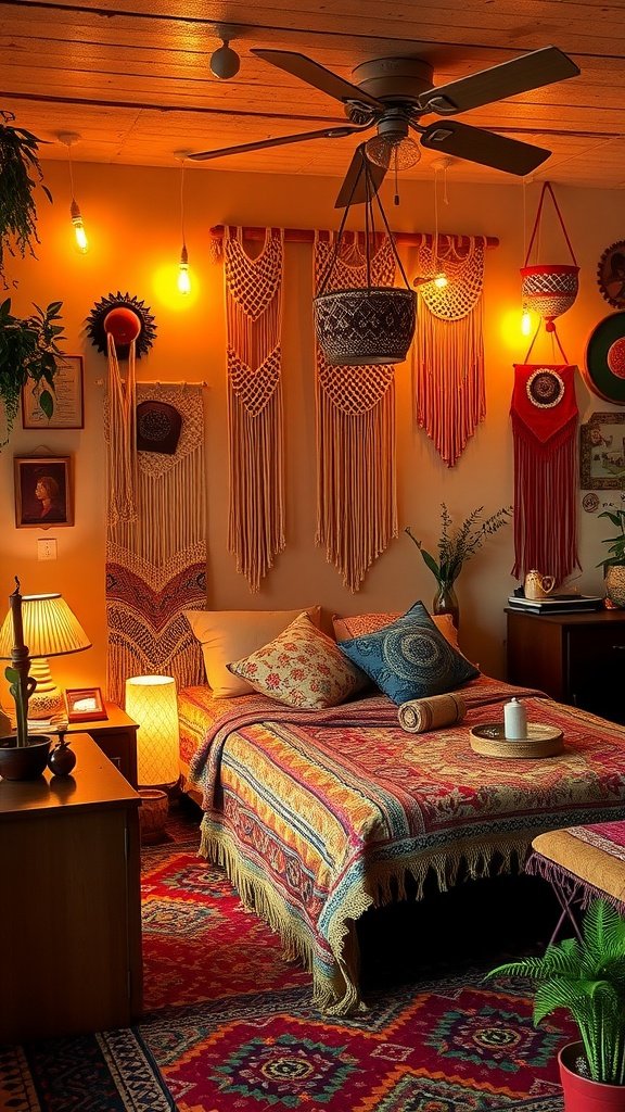 A cozy bohemian bedroom filled with macrame wall hangings, colorful textiles, and warm lighting.