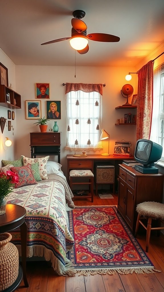 A cozy retro teenager's bedroom with a patterned quilt, vintage fan, and colorful wall art.