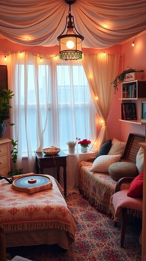 Cozy bohemian style teenager's bedroom with soft lighting and retro decor