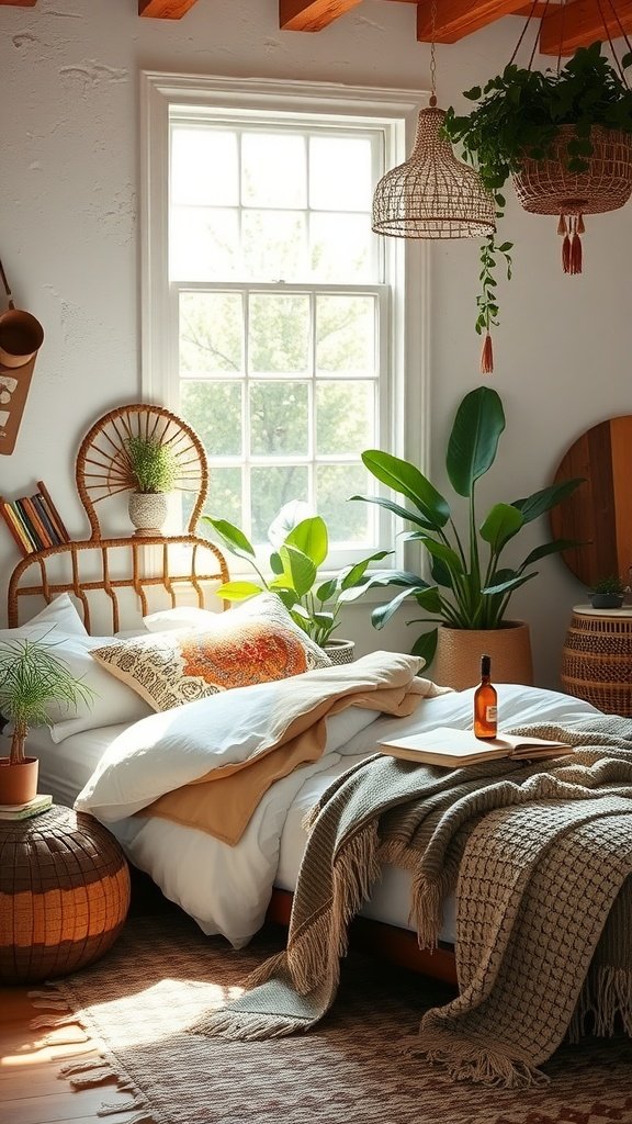 Cozy bedroom with a rattan headboard, plants, and soft linens.