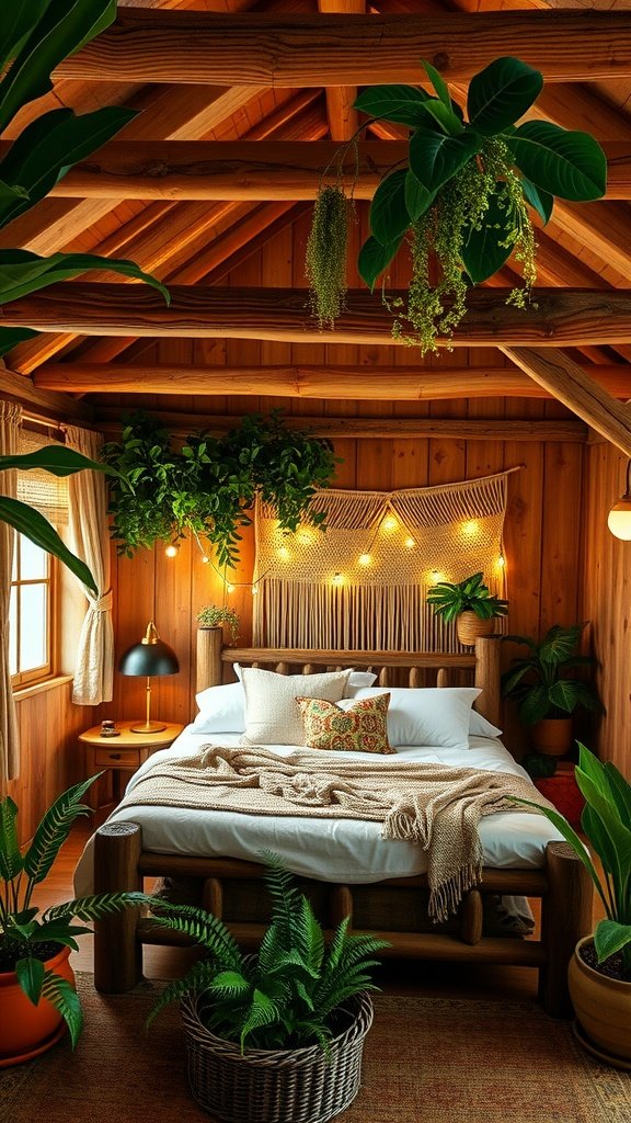 A cozy rustic bedroom featuring wooden beams, lush plants, and soft lighting, embodying a Chic Boho style.