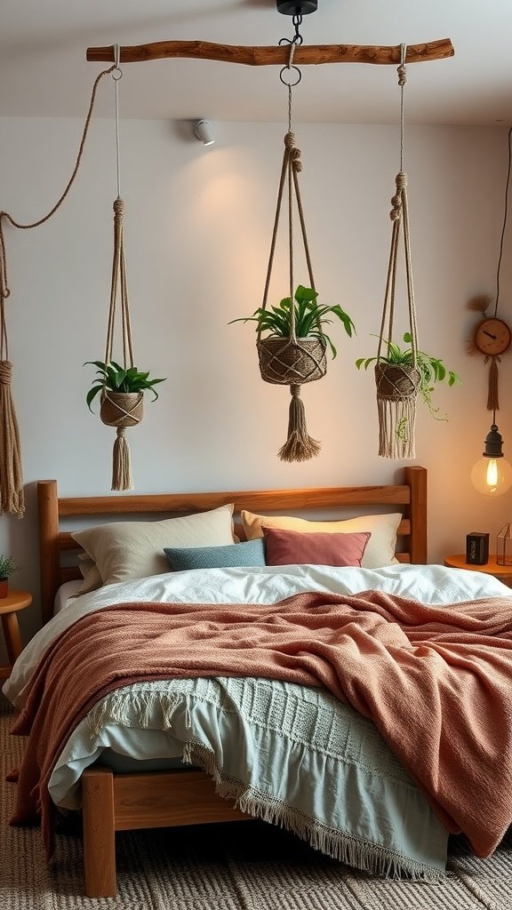 A rustic boho bedroom featuring a wooden bed, layered bedding, and hanging plant decor.