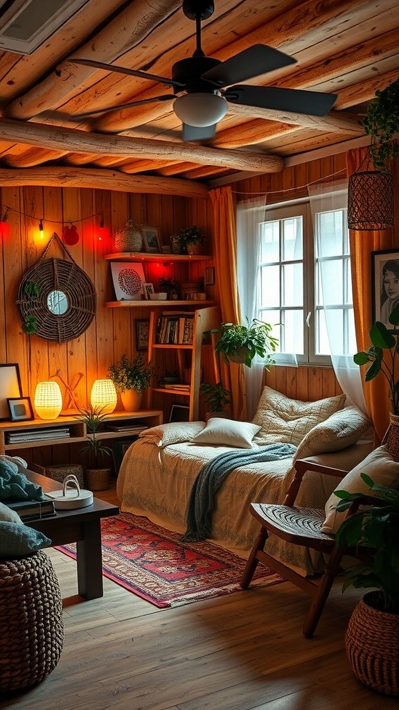 A cozy boho bedroom with wooden walls, soft lighting, and plants.