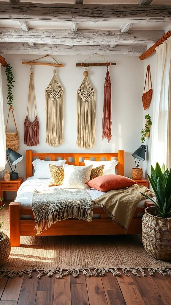 Cozy boho bedroom with wooden bed, macramé wall art, and plants