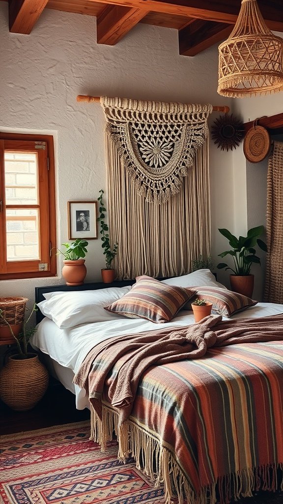 A rustic boho style bedroom featuring a macramé wall hanging, potted plants, a colorful striped blanket on the bed, and warm wooden beams.