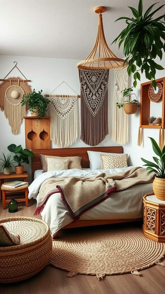 A rustic brown accent Boho style bedroom featuring macramé wall hangings, plants, and cozy textiles.