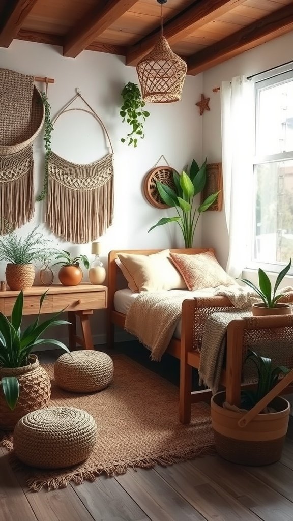 A cozy boho bedroom featuring wooden elements, woven decor, and lush plants.