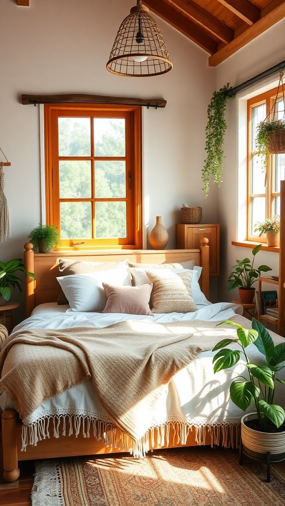 A cozy rustic farmhouse boho bedroom featuring wooden elements, a large window, plants, and soft bedding.