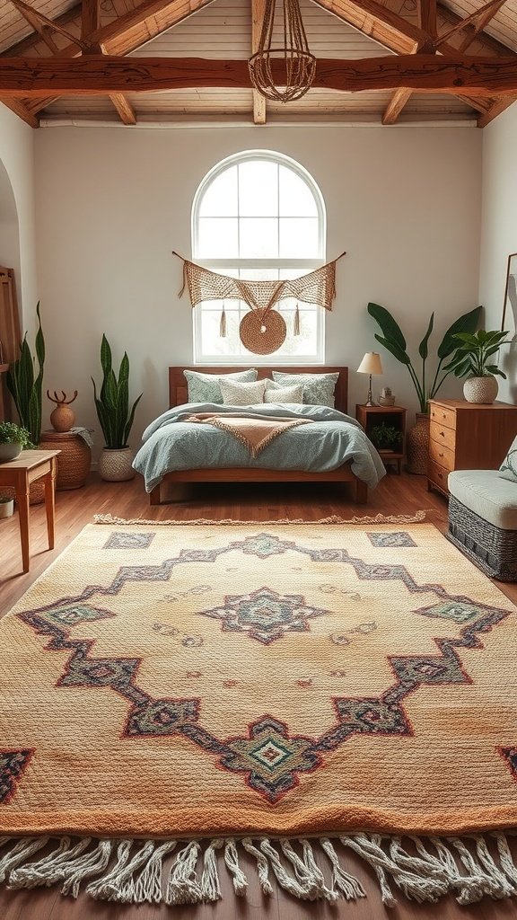 A boho style bedroom featuring a jute rug, wooden decor, and plants, creating a rustic retreat atmosphere.