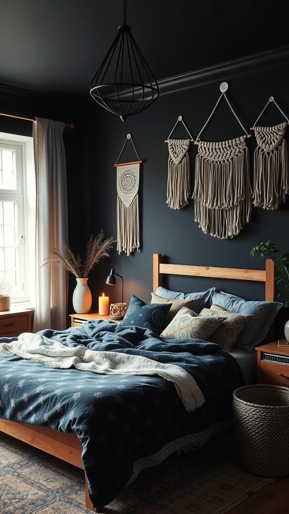 A cozy rustic bedroom with dark walls, natural wood furniture, and macramé wall hangings.