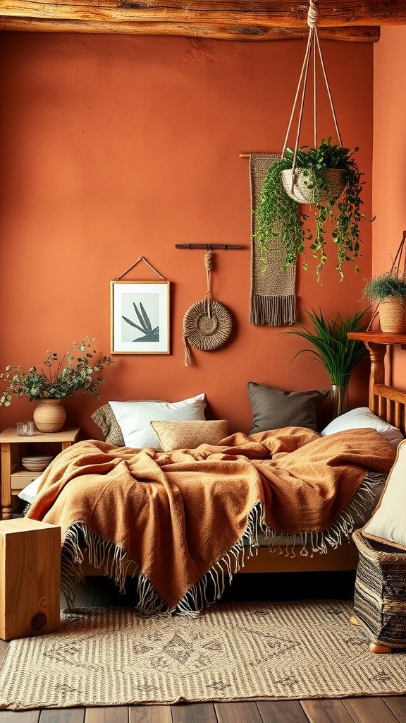 A cozy rustic terracotta bedroom with a warm blanket, wooden furniture, and hanging plants