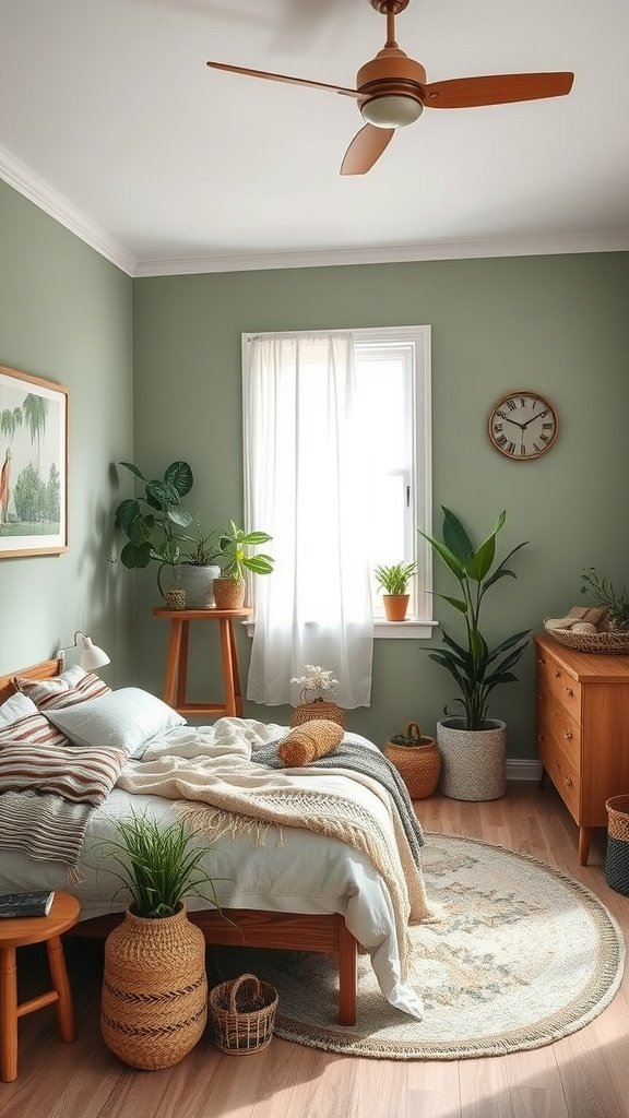 Sage and brown bohemian bedroom with plants, wooden furniture, and layered textiles.